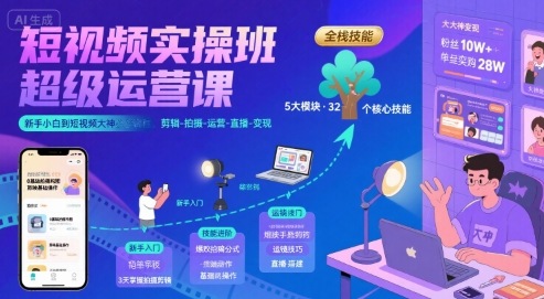 短视频实操班超级运营课，新手小白到短视频大神必修课程，剪辑-拍摄-运营-直播-变现-8U创业网