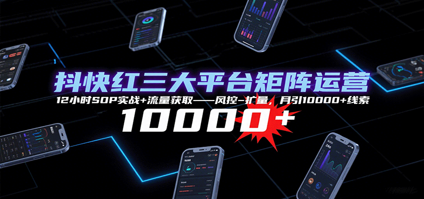 抖快红三大平台矩阵运营，12小时SOP实战+流量获取-风控-扩量，月引10000+线索-8U创业网