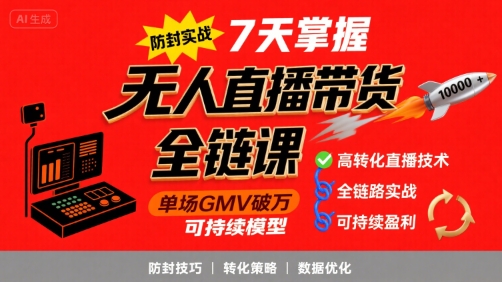 无人直播带货全链防封实战课，7天掌握高转化直播技术，实现单场GMV破万可持续模型-8U创业网