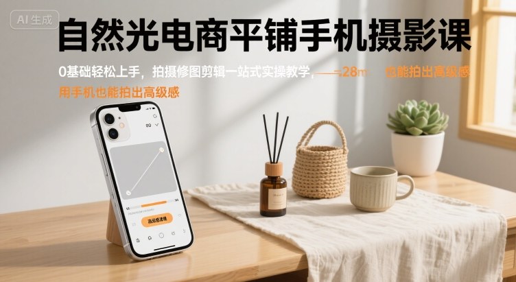 自然光电商平铺手机摄影课，0基础轻松上手，拍摄修图剪辑一站式实操教学，用手机也能拍出高级感-8U创业网