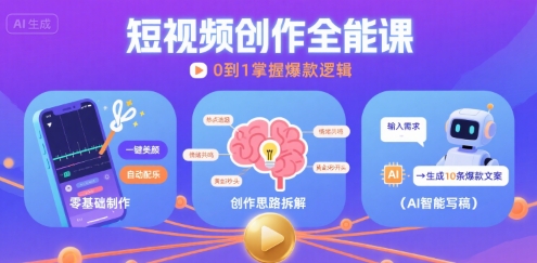 短视频创作课，短视频制作、创作思路、Ai写爆款文案-8U创业网