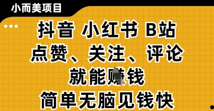 小而美的项目，抖音小红书B站视频点赞、关注、评论就能挣钱，简单无脑立见收益，妥妥的零撸项目【揭秘】-8U创业网