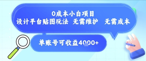 0成本小白项目，设计平台贴图玩法，无需维护，无需成本，单账号单月可产生收益4k+-8U创业网
