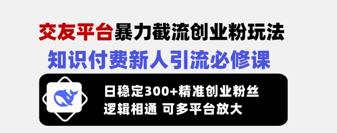 交友平台暴力截流创业粉玩法，知识付费新人引流必修课，日稳定300+精准创业粉丝，逻辑相通可多平台放大-8U创业网