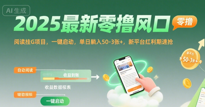 2025最新零撸风口，阅读挂G项目，一键启动，单日躺入 50-3张+，新平台红利期速抢【揭秘】-8U创业网