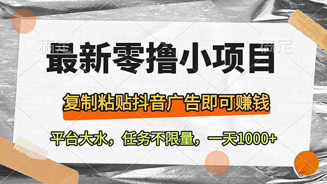 （14230期）最新零撸小项目，复制粘贴抖音广告即可赚钱，平台大水，任务不限量，一…-8U创业网