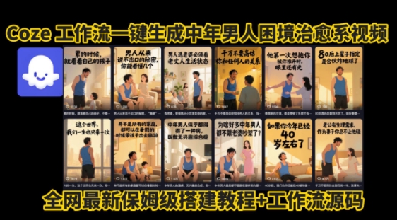 coze工作流一键生成”中年男人困境扎心高涨粉高播放量图文视频”保姆级拆解教程，无需剪辑，无需拍摄写文案-8U创业网