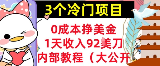 3个冷门项目，0成本挣美金，1天收入92刀，超简单， 内部教程(首次公开)-8U创业网