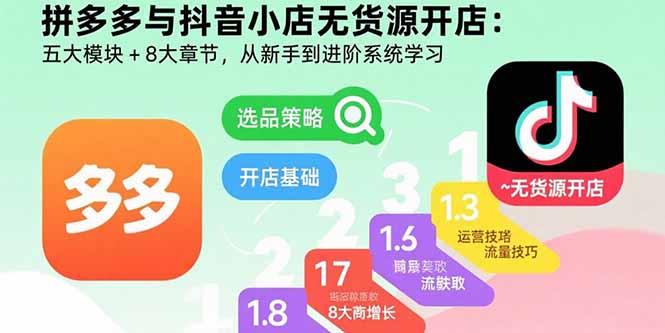 拼多多与抖音小店无货源开店：五大模块+8大章节，从新手到进阶系统学习-8U创业网