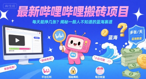 最新哔哩哔哩上B站搬砖项目，每天能挣几张？揭秘一般人不知道的蓝海赛道-8U创业网