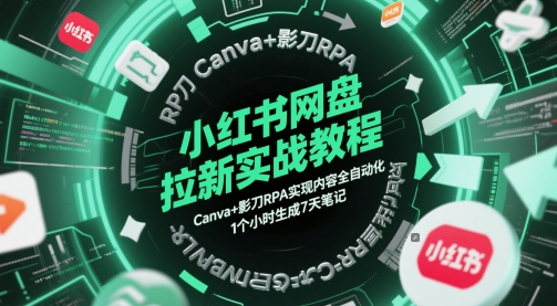 小红书网盘拉新实战教程，Canva+影刀RPA实现内容全自动化，1个小时生成7天笔记-8U创业网