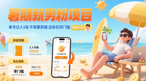 暑期新男粉项目 单号日入5张 不需要剪辑  没有任何门槛-8U创业网