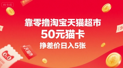 靠零撸淘宝天猫超市50元猫卡，挣差价日入5张-8U创业网