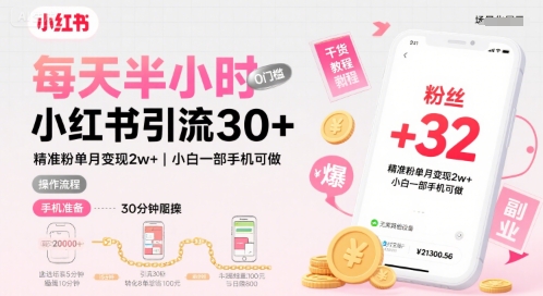 每天半小时小红书引流30+，精准粉单月变现2w+，小白新手一部手机可做，今天5分钟硬核实操-8U创业网
