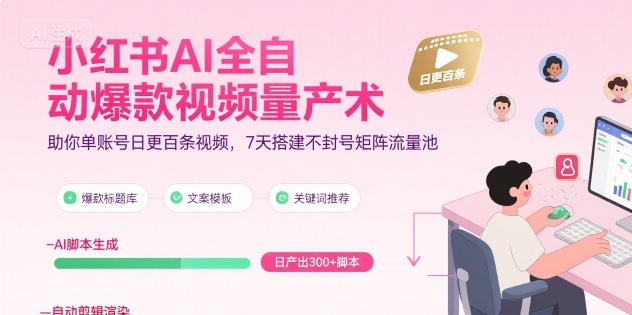 小红书AI全自动爆款视频量产术，助你单账号日更百条视频，7天搭建不封号矩阵流量池-8U创业网