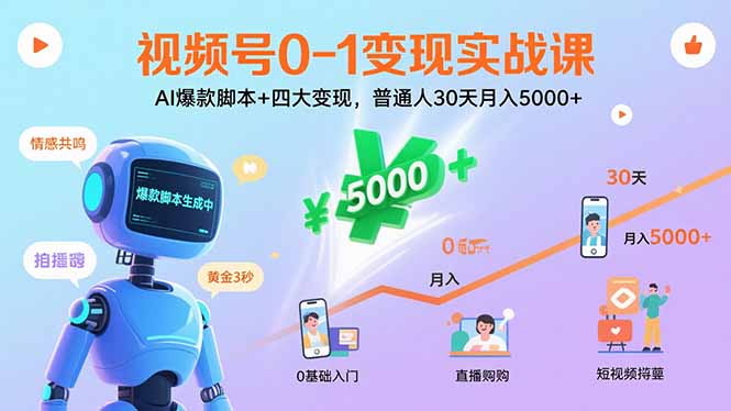 视频号0-1变现实战课：AI爆款脚本+四大变现，普通人30天月入5000+-8U创业网